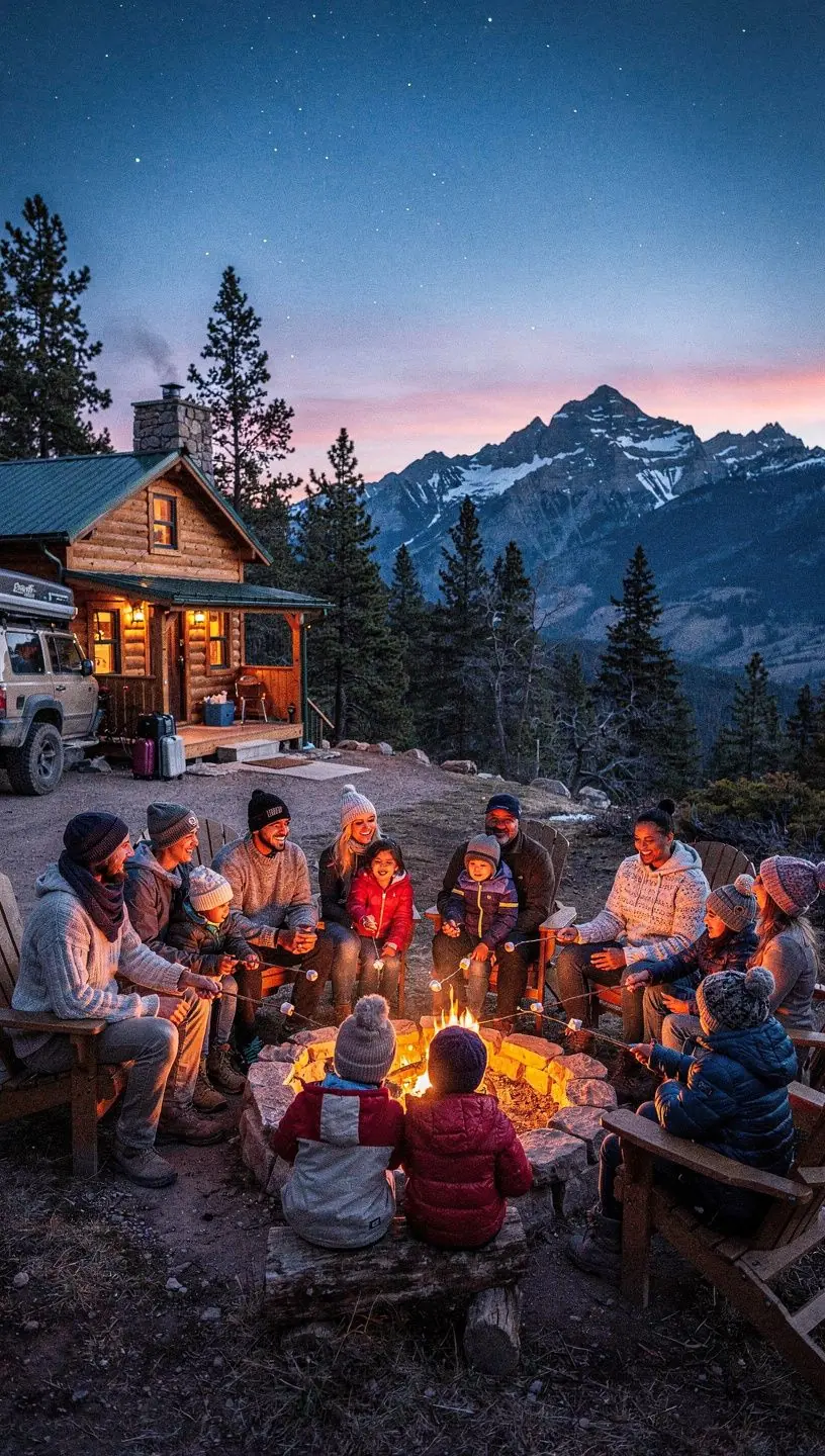Семья, наслаждающаяся пикником на обочине дороги в национальном парке.