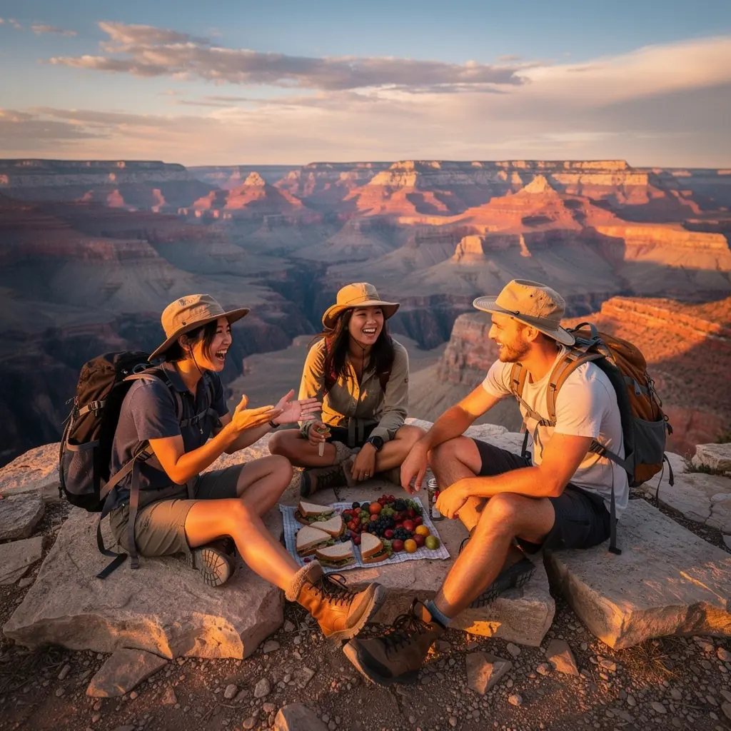 Семья, наслаждающаяся пикником на фоне знаковых достопримечательностей США, с улыбками на лицах.