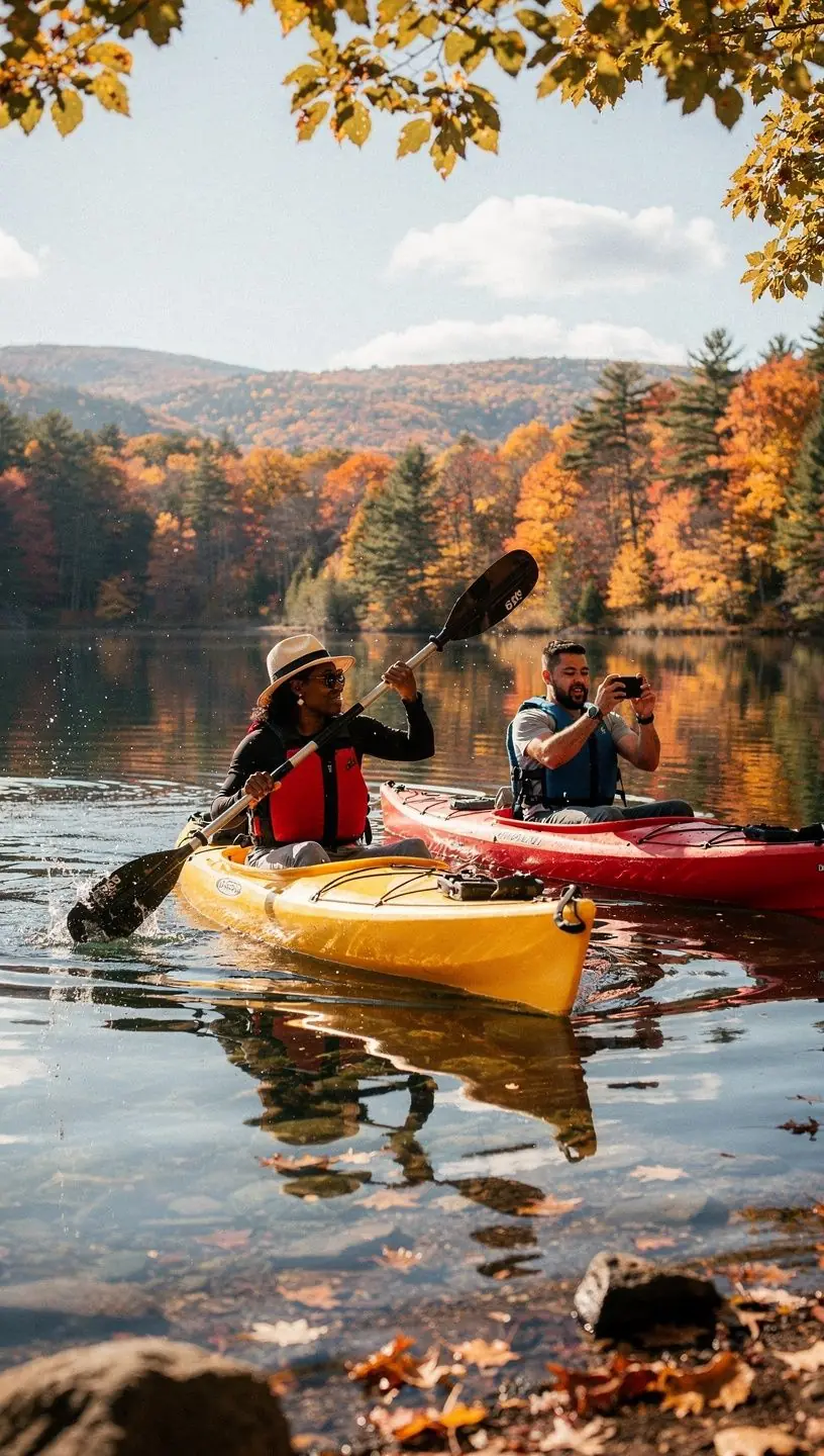 Группа друзей, наслаждающихся пикником у живописного озера в горах, с рюкзаками и картами.