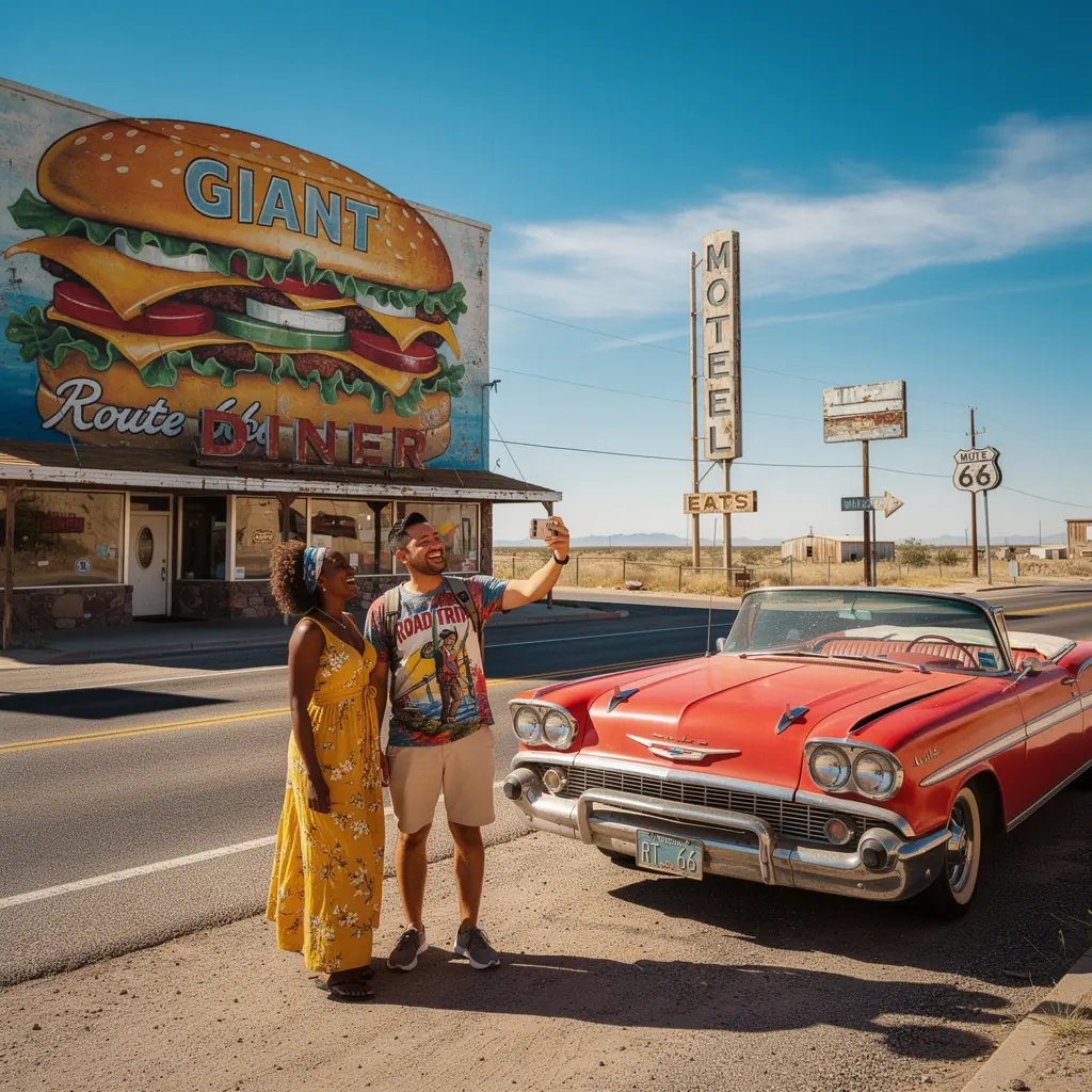Дорога, окруженная живописными пейзажами и зелеными холмами, с автомобилем, мчащимся по шоссе.