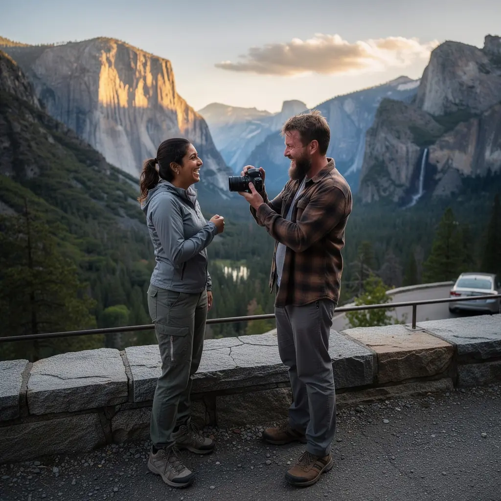 Путешественник стоит у знака, указывающего направление к известной достопримечательности.